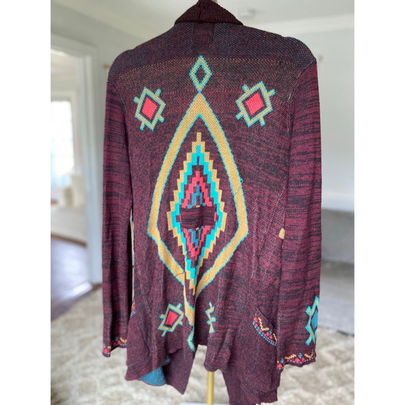 Billabong Aztec Knit Sweater Cardigan Open Front Tribal Boho Maroon M Cali Surf - Picture 3 of 9